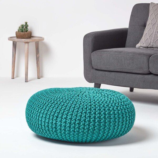 Teal Green Knitted Cotton Large Round Pouffe Footstool 70 x 23cm