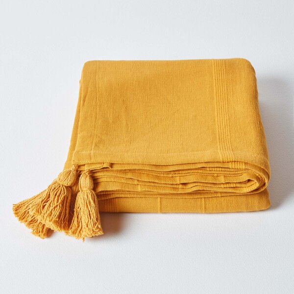 Homescapes Cotton Rajput Ribbed Mustard Throw, 150 x 200cm