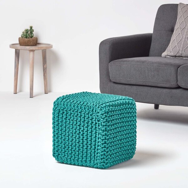 Homescapes Teal Green Knitted Cotton Cube Footstool 35 x 35 x 35 cm