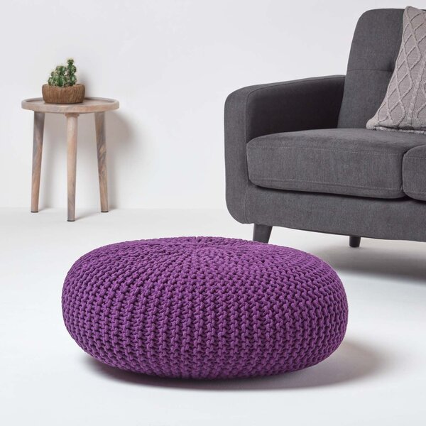 Deep Purple Knitted Cotton Large Round Pouffe Footstool 70 x 23 cm