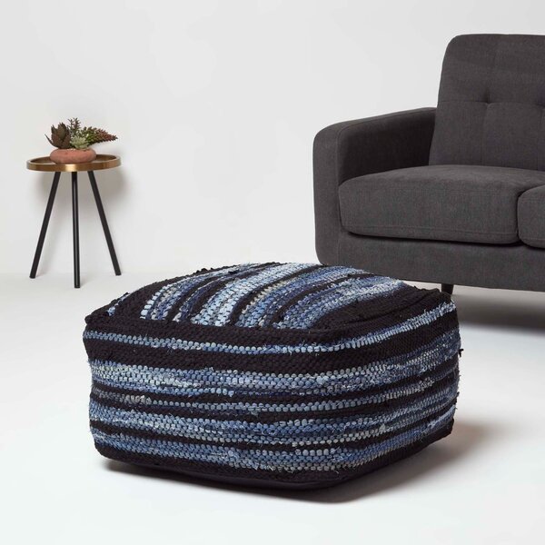 Texas Leather & Denim Woven Striped Bean Filled Pouffe, 60 cm