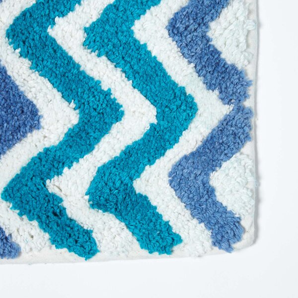 Homescapes Blue, Teal & White 100% Cotton Chevron Non-Slip Bath Mat