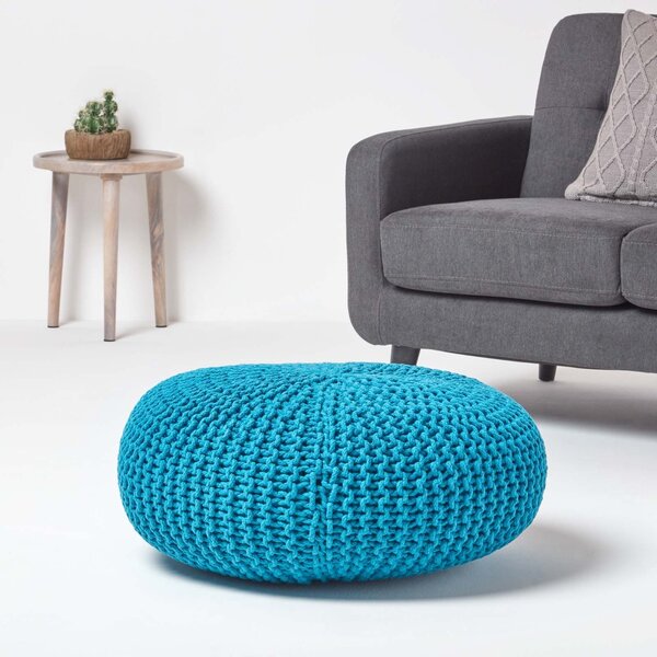 Teal Blue Knitted Cotton Large Round Pouffe Footstool 70 x 23 cm