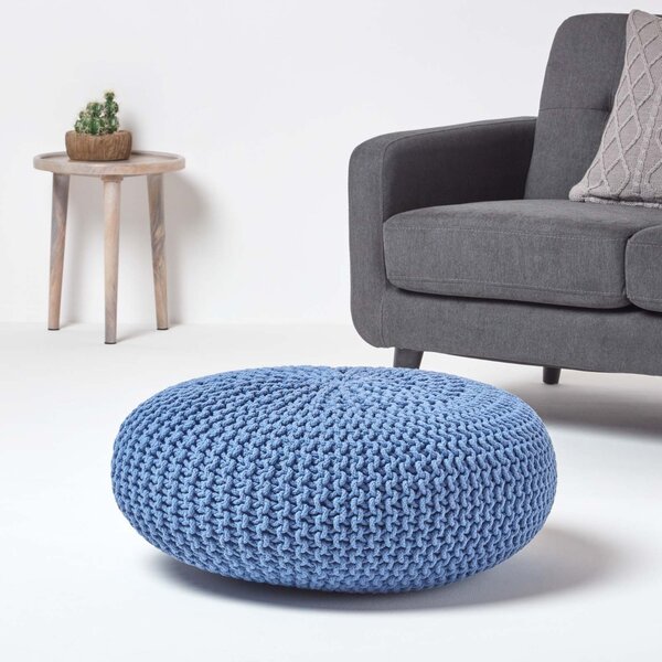 Homescapes Blue Knitted Cotton Large Round Pouffe Footstool 70 x 23 cm