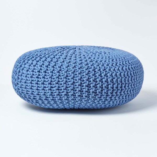 Homescapes Blue Knitted Cotton Large Round Pouffe Footstool 70 x 23 cm