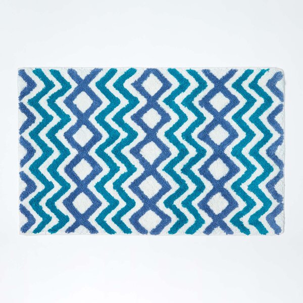 Homescapes Blue, Teal & White 100% Cotton Chevron Non-Slip Bath Mat