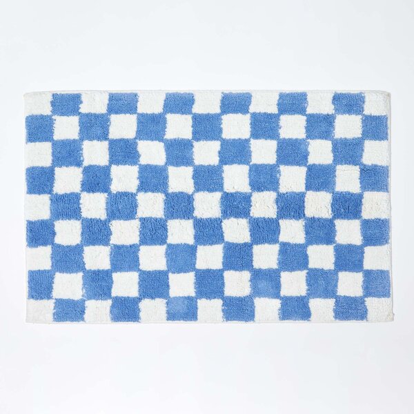 Homescapes Blue & White Check 100% Cotton Non Slip Bath Mat