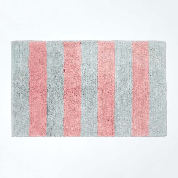 Homescapes Pink & Grey Striped 100% Cotton Non Slip Bath Mat