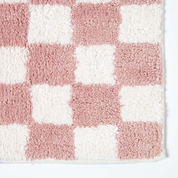 Homescapes Pink & White Check 100% Cotton Non Slip Bath Mat