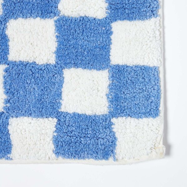 Homescapes Blue & White Check 100% Cotton Non Slip Bath Mat