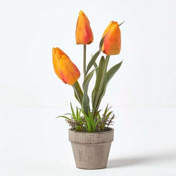 Orange & Red Artificial Tulips in Grey Decorative Stone Pot, 27 cm