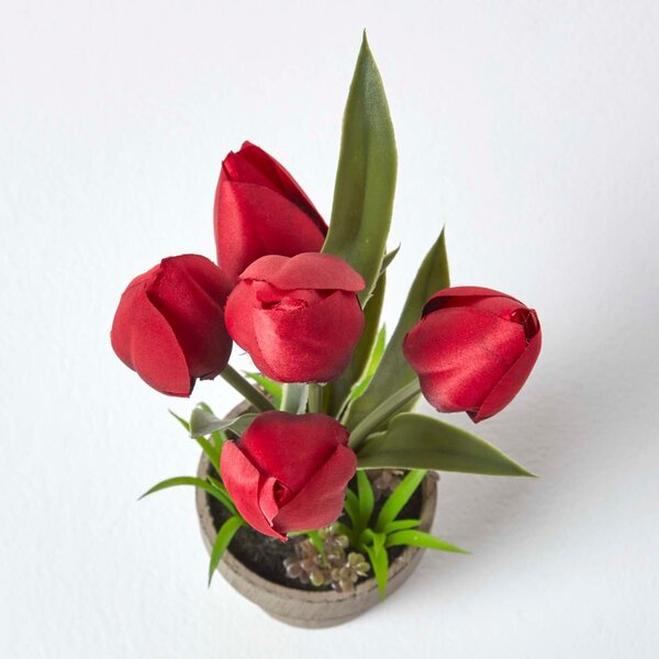 Homescapes Dark Red Artificial Tulips Grey Decorative Stone Pot, 27 cm