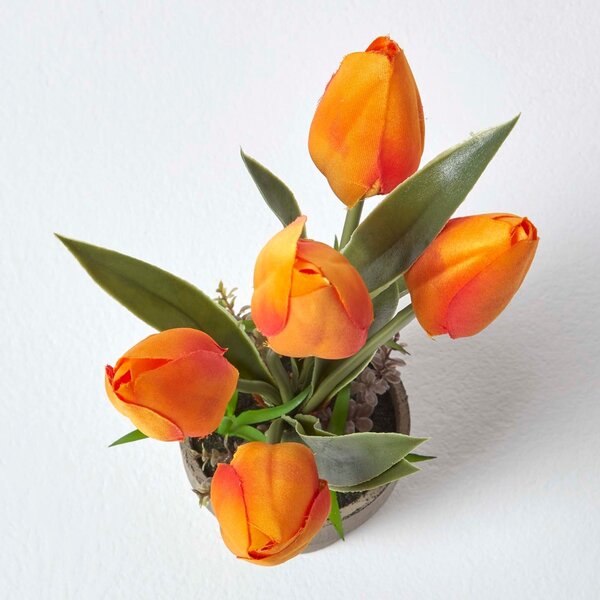 Orange & Red Artificial Tulips in Grey Decorative Stone Pot, 27 cm