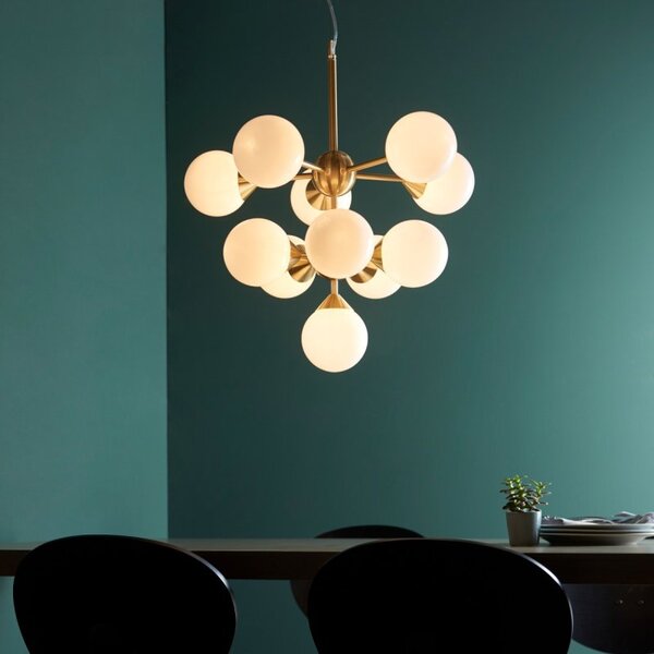 11 Light Ceiling Pendant Light In Brushed Brass Plate With Gloss White Glass Shades