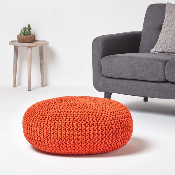 Burnt Orange Knitted Cotton Large Round Pouffe Footstool 70 x 23 cm