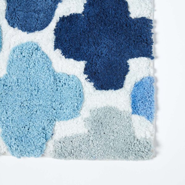 Homescapes Blue & Grey Pattern 100% Cotton Non Slip Bath Mat