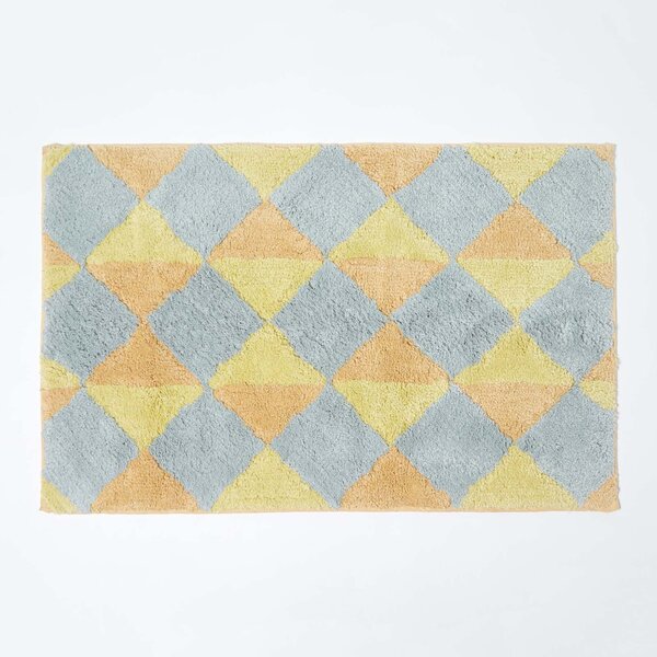 Mustard Yellow & Grey Harlequin Pattern 100% Cotton Non Slip Bath Mat