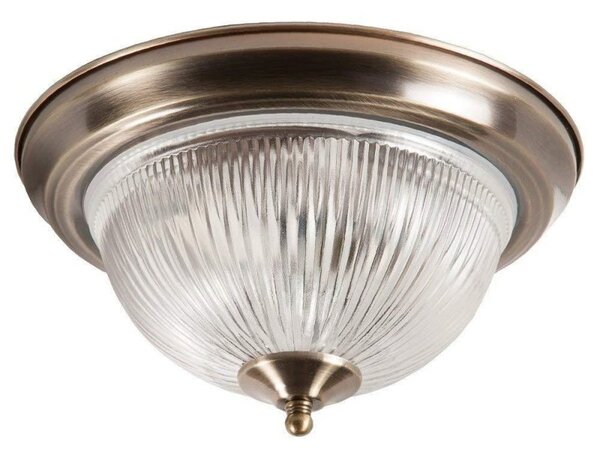 2 Light Antique Brass IP44 Bathroom Flush Ceiling Light with Clear ribbed Glass Shade