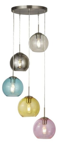 Searchlight 8135-5SS Mardi Gras 5 Light Cluster Pendant In Satin Silver With Coloured Glass
