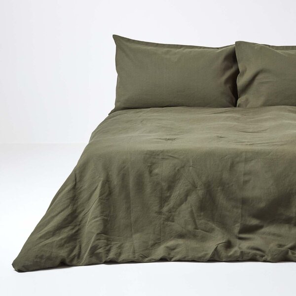 Homescapes Khaki Green Linen Duvet Cover Set, Double