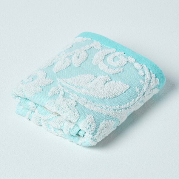 Homescapes Blue Guest Towel 600 GSM Cotton with White Damask Pattern