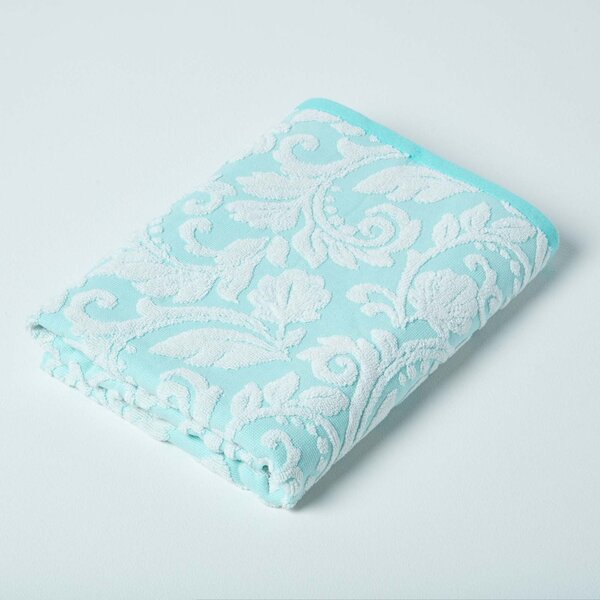 Homescapes Blue Bath Towel 600 GSM Cotton with White Damask Pattern