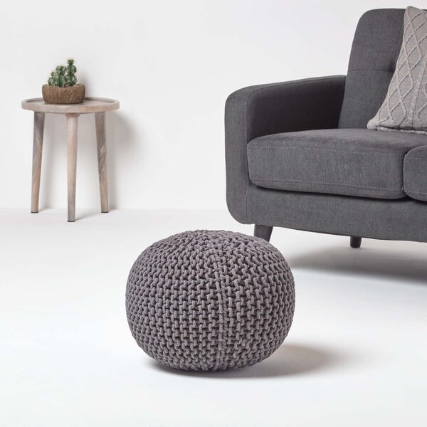 Homescapes Sea Grey Knitted Cotton Pouffe Footstool Round 35 x 40 cm