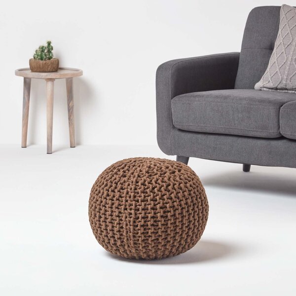 Chocolate Brown Knitted Cotton Pouffe Footstool Round 35 x 40 cm