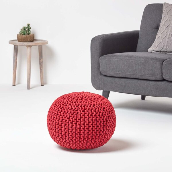 Homescapes Red Knitted Cotton Pouffe Footstool Round 35 x 40 cm