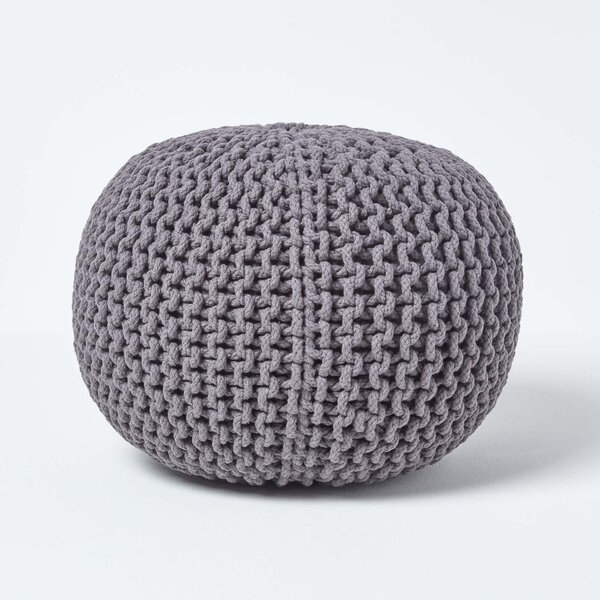 Homescapes Sea Grey Knitted Cotton Pouffe Footstool Round 35 x 40 cm