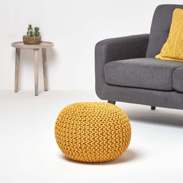 Homescapes Mustard Knitted Cotton Pouffe Footstool Round 35 x 40 cm