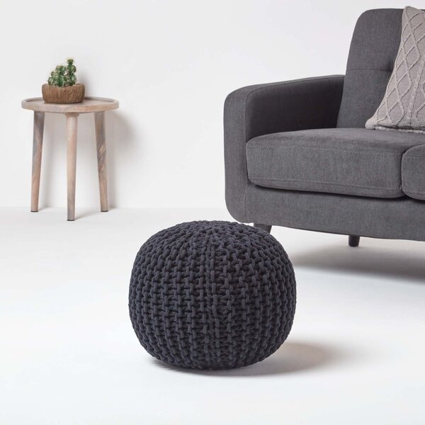 Homescapes Black Knitted Cotton Pouffe Footstool Round 35 x 40 cm