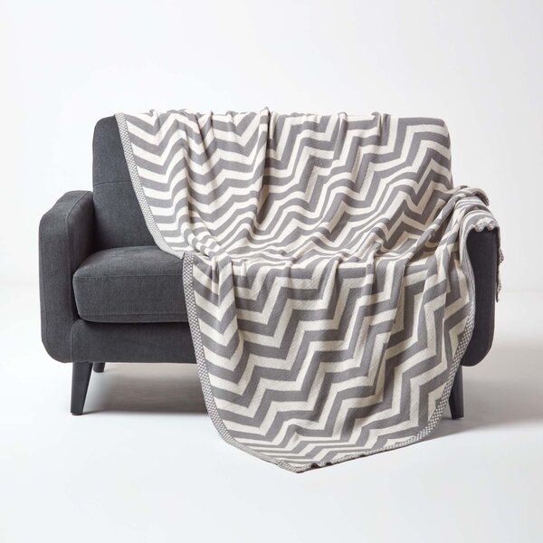 Grey and Off White Chevron Cotton Knitted Throw Blanket, 130 x 170 cm