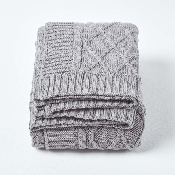 Homescapes Grey Cable Knit Throw Soft Cotton Blanket, 130 x 170 cm