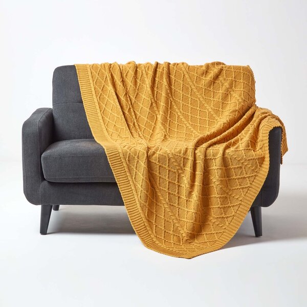 Mustard Yellow Cable Knit Throw Soft Cotton Blanket, 130 x 170 cm