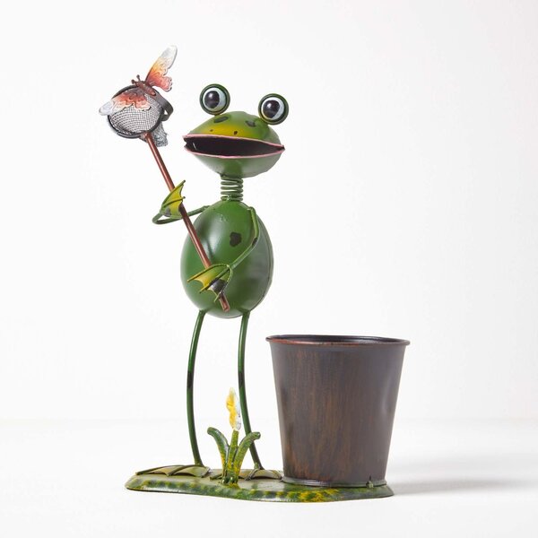 Homescapes Metal Frog with Butterfly Net and Flower Pot, 31 cm Tall