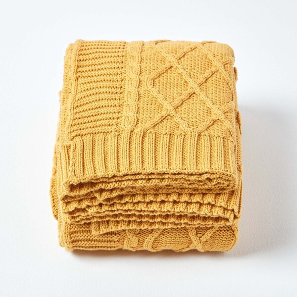 Mustard Yellow Cable Knit Throw Soft Cotton Blanket, 130 x 170 cm