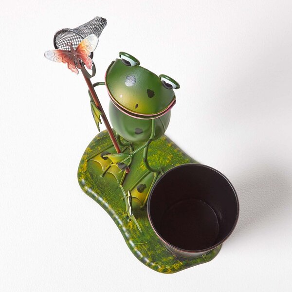 Homescapes Metal Frog with Butterfly Net and Flower Pot, 31 cm Tall