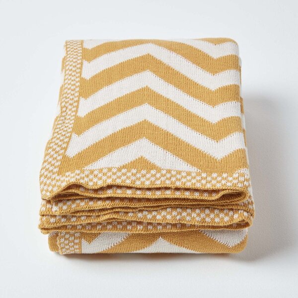 Mustard Yellow and Off White Chevron Cotton Knitted Throw 130 x 170 cm