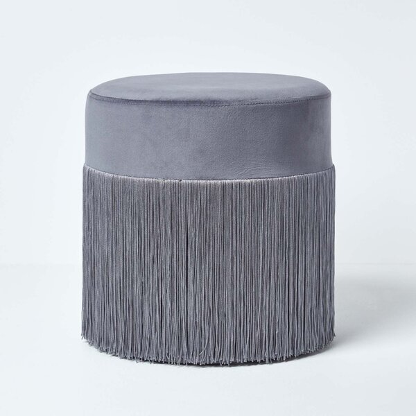 Round Grey Velvet Footstool Pouffe with Retro Style Fringe Tassels