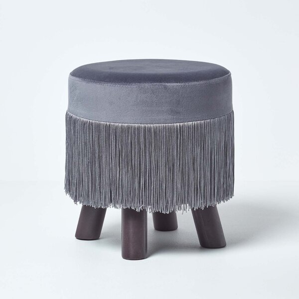 Retro Grey Velvet Footstool on Black Wooden Legs with Fringe Tassels