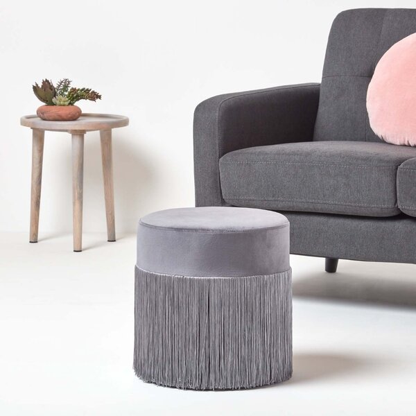 Round Grey Velvet Footstool Pouffe with Retro Style Fringe Tassels