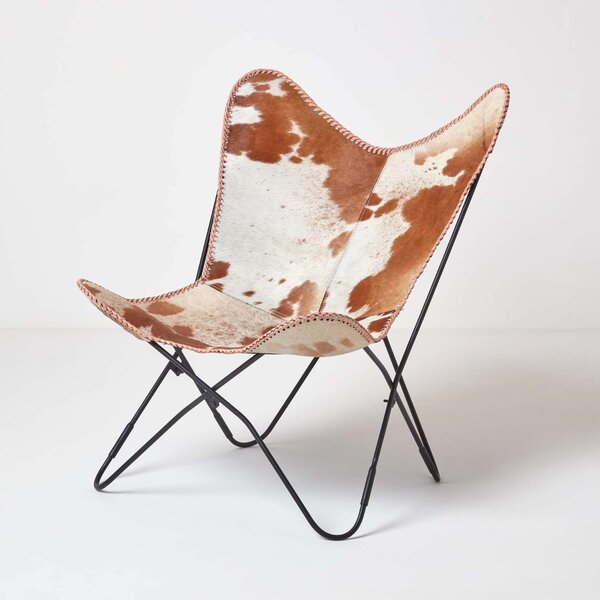 Butterfly Accent Chair Brown and Cream Leather Cow Hide Sling Armchair