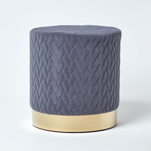 Round Grey Velvet Footstool Plaited Quilted Pouffe on Brass Base