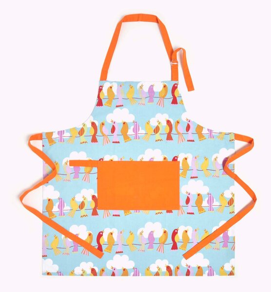 Homescapes Cotton Birds on Wire Orange Blue Unisex Apron With Pocket