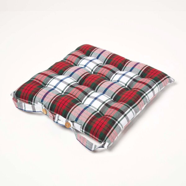 Homescapes Red Tartan Seat Pad Chair Cushion with Straps 40 x 40cm