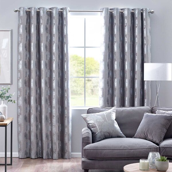 Silver Enchanted Forest Lined Eyelet Ready Made Curtains 117 x 183cm