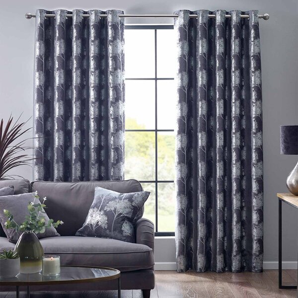 Grey Enchanted Forest Lined Eyelet Ready Made Curtains 117 x 137cm