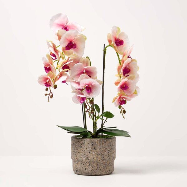 Large 64cm Lifelike Pink Artificial Orchid in Grey Cement Pot