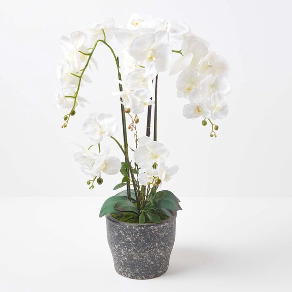 Extra Large 82cm Lifelike Artificial White Orchid in Grey Ceramic Pot